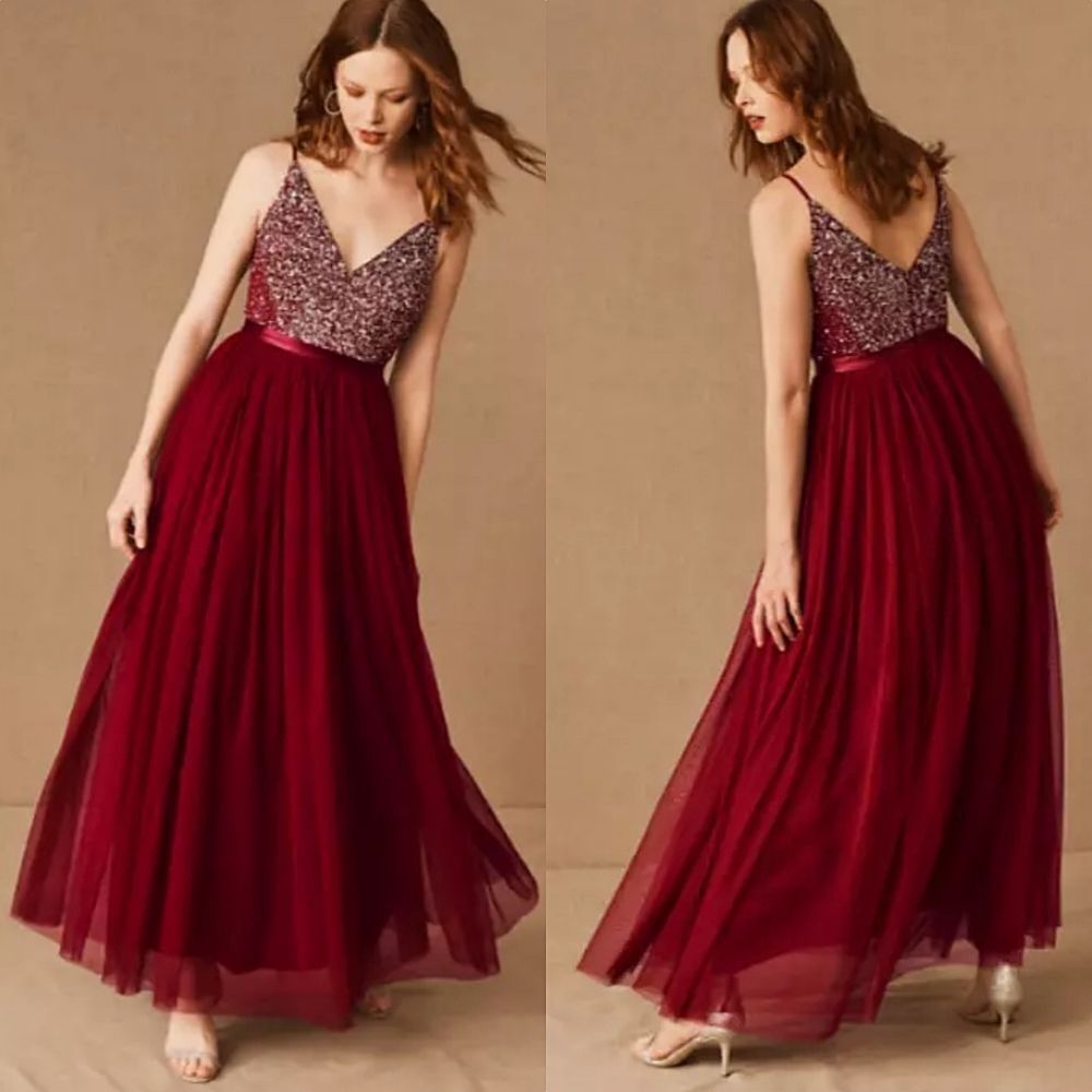 BHLDN Avery Sequin Tulle Bridesmaid Formal Dress in Bordeaux Burgundy Res